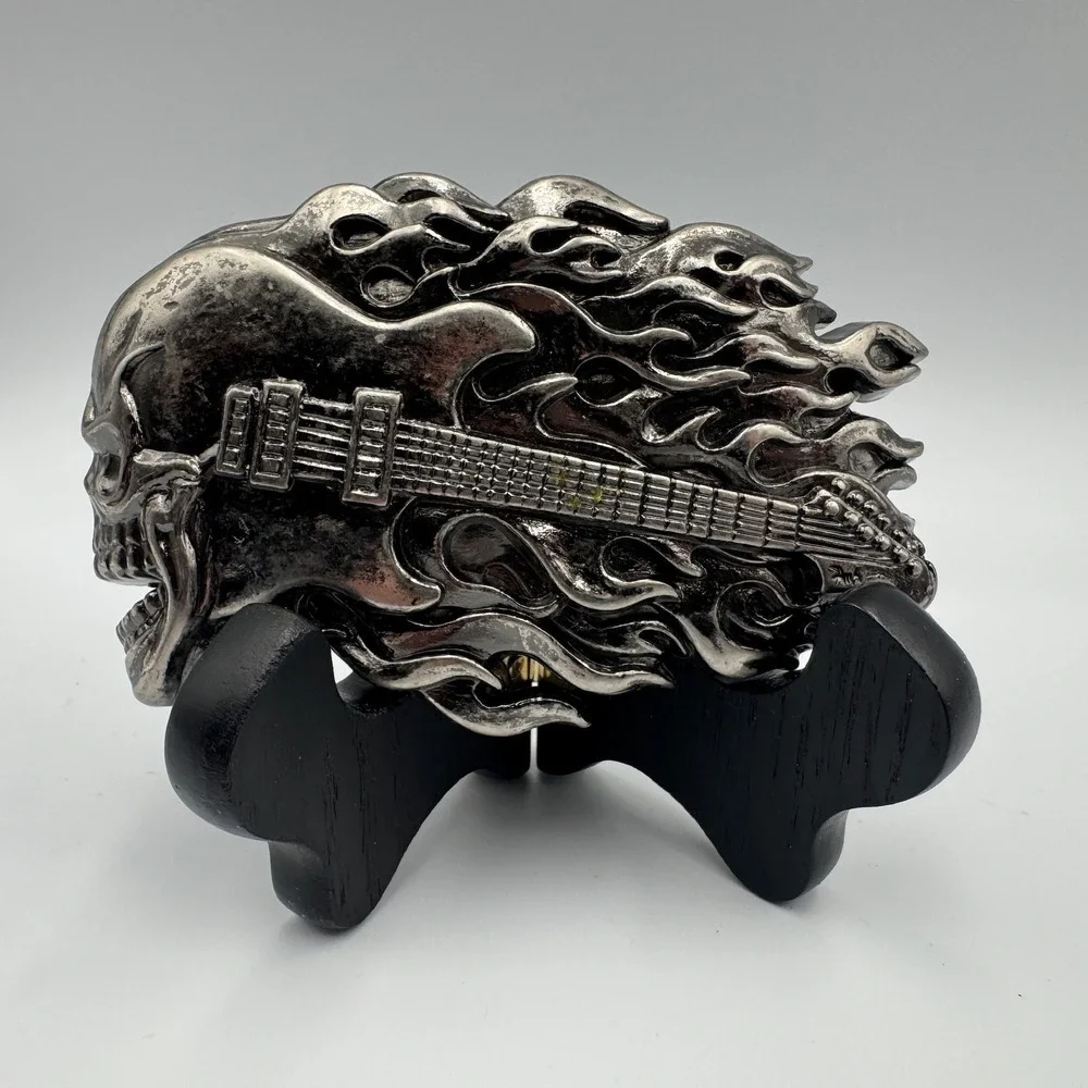 Screaming Skull Electric Guitar Flames Belt Buckle‎ Antique Silver Biker Rocker